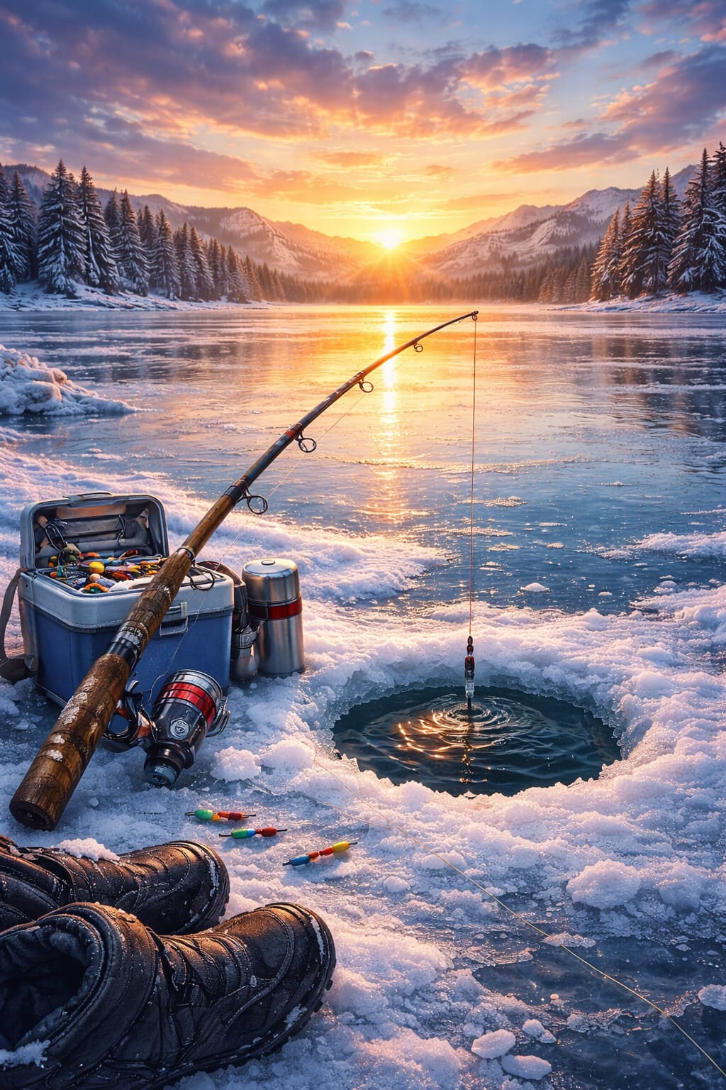 Weitwinkelaufnahme eines zugefrorenen Sees bei Sonnenaufgang in den Alpen